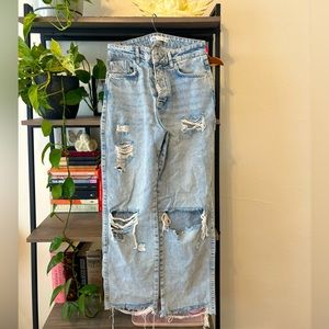 Zara Light Wash Straight Leg Jeans with Raw Hem and Distressed Detail